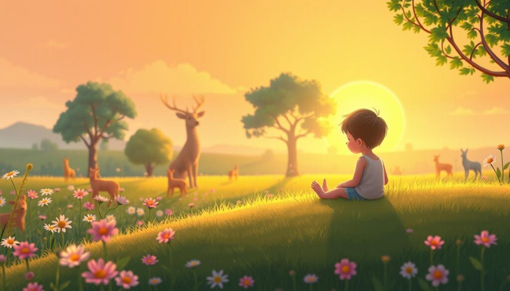 A child sitting in a meadow at golden hour, looking toward a calm horizon