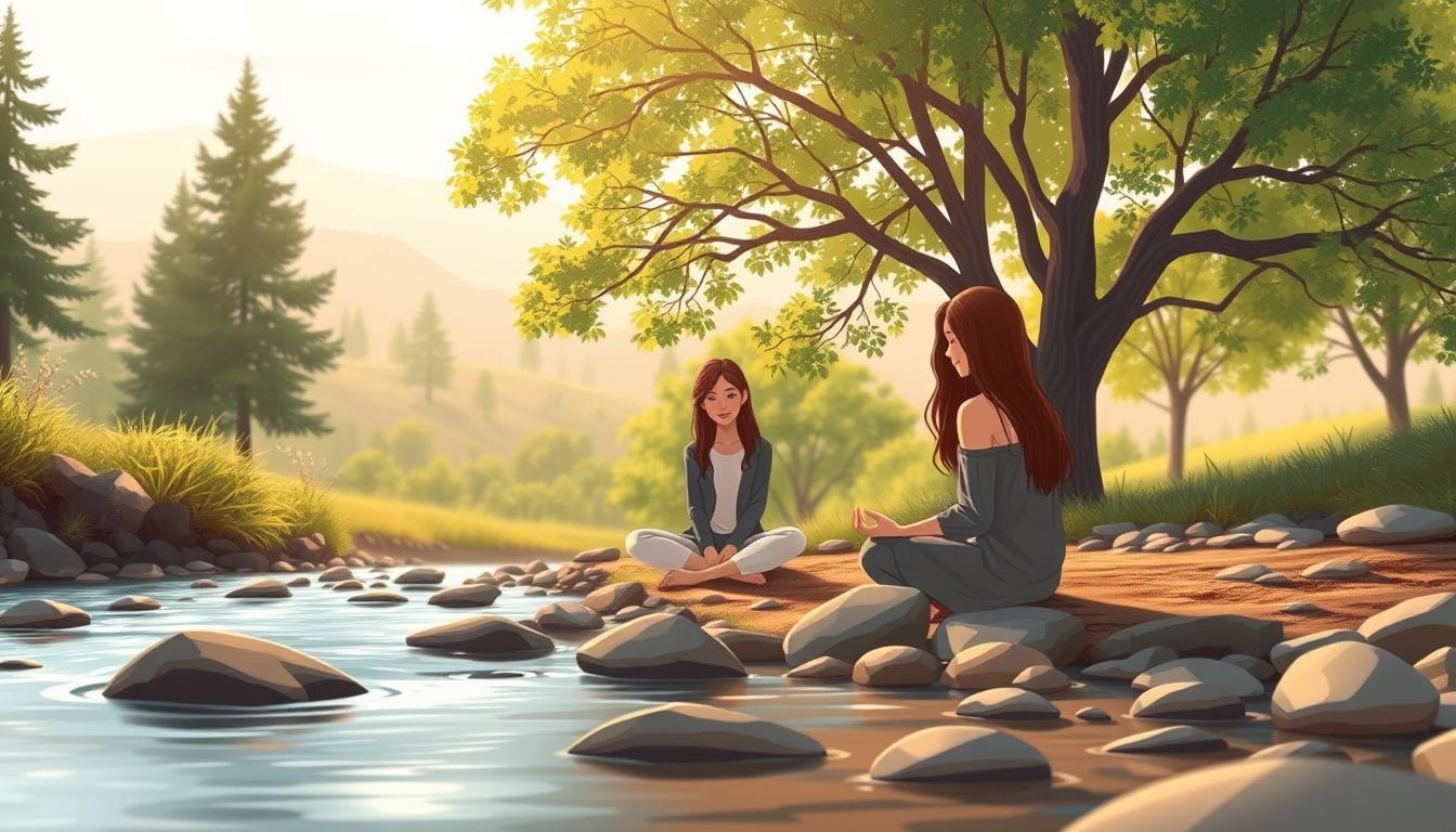 Two people sitting calmly beside a quiet stream under a tree, in conversation